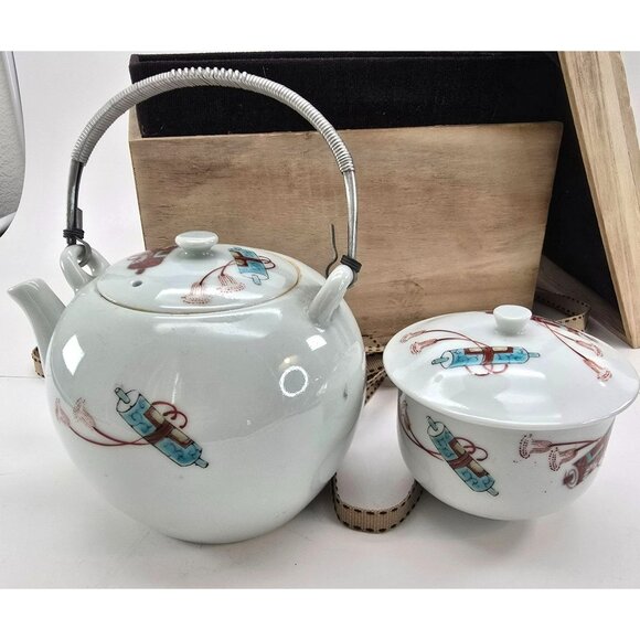 Vintage Chinese Porcelain Teapot & Lidded Bowl Set Bird Motif Wooden Box JE257 - Picture 4 of 10